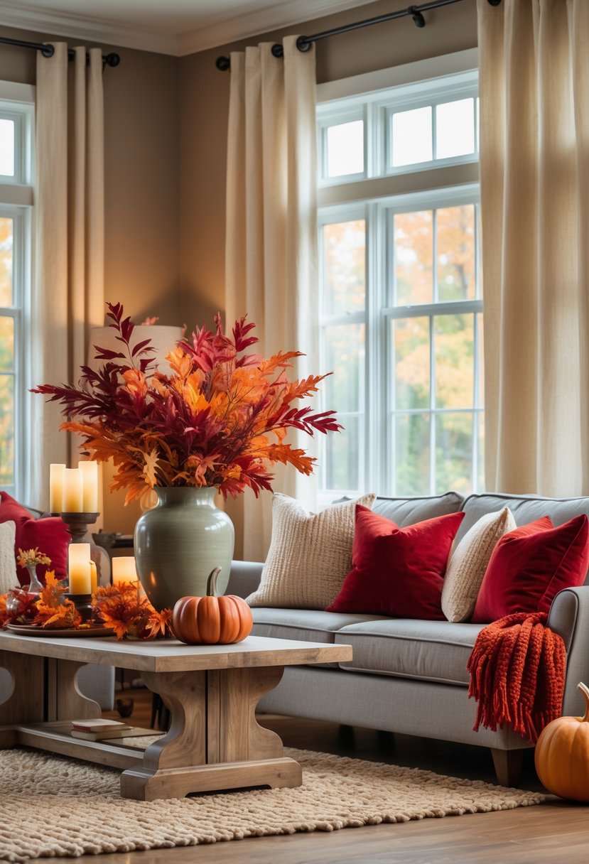 A cozy living room with a beige and taupe color scheme, featuring a gray sofa with red pillows and throw, wooden coffee table with autumn leaves, and warm natural light through windows.