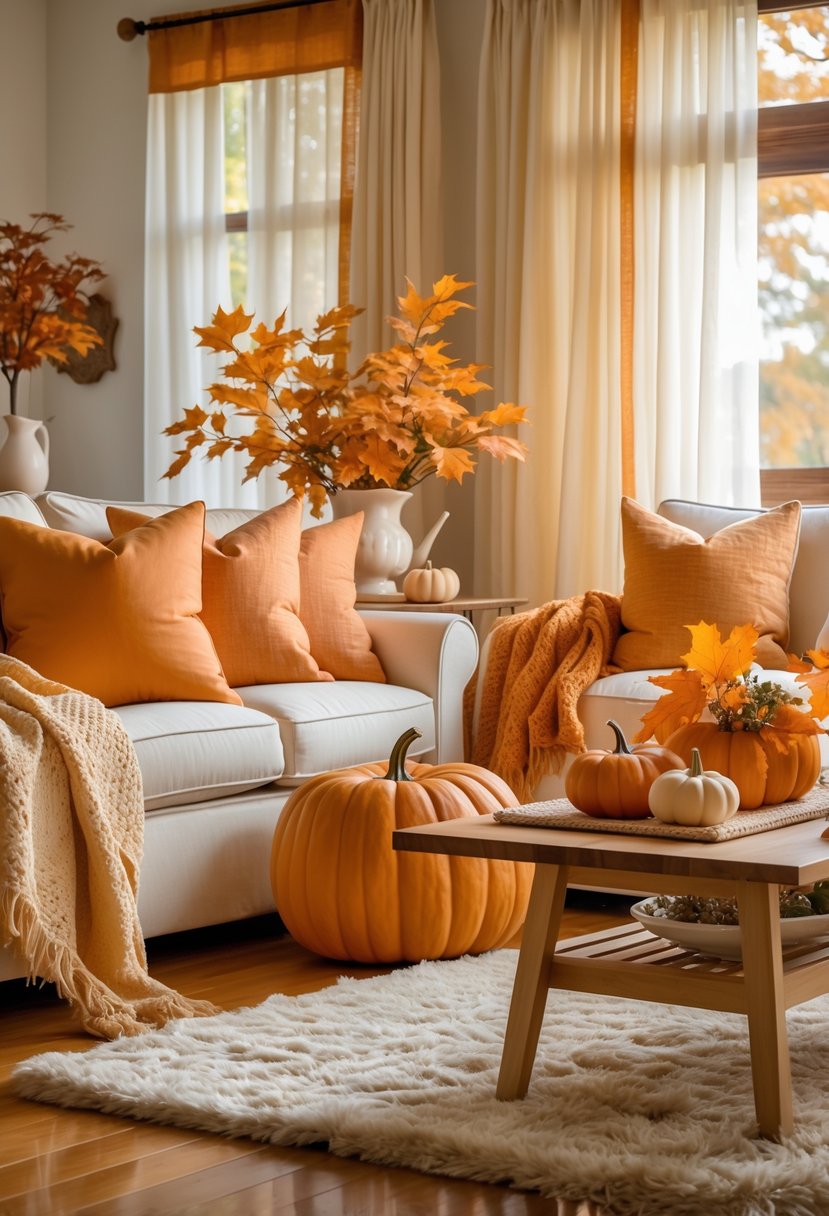A cozy living room decorated with pumpkin orange pillows, cream sofa, wooden coffee table with autumn leaves and small pumpkins, and soft natural light coming through curtains.