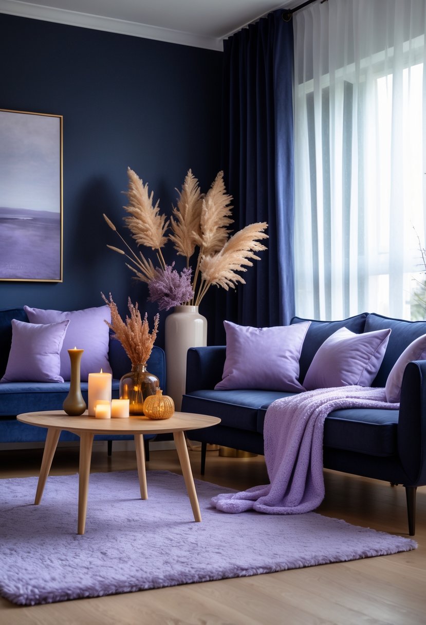 A cozy living room with deep navy walls, lavender pillows and blanket on a sofa, autumn decor on a wooden coffee table, and natural light coming through sheer curtains.