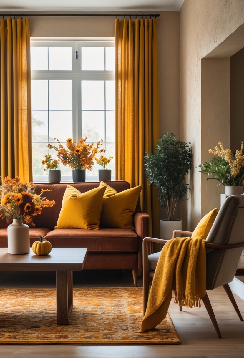 A cozy living room with a burnt sienna sofa, mustard yellow pillows, autumn flowers on a wooden table, and warm natural light coming through windows.