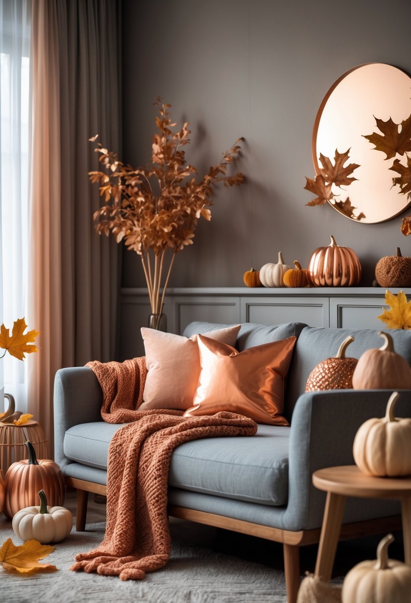 A cozy living room with gray walls, a gray sofa, copper-colored pillows and blanket, wooden furniture, and fall decorations like dried leaves and pumpkins.
