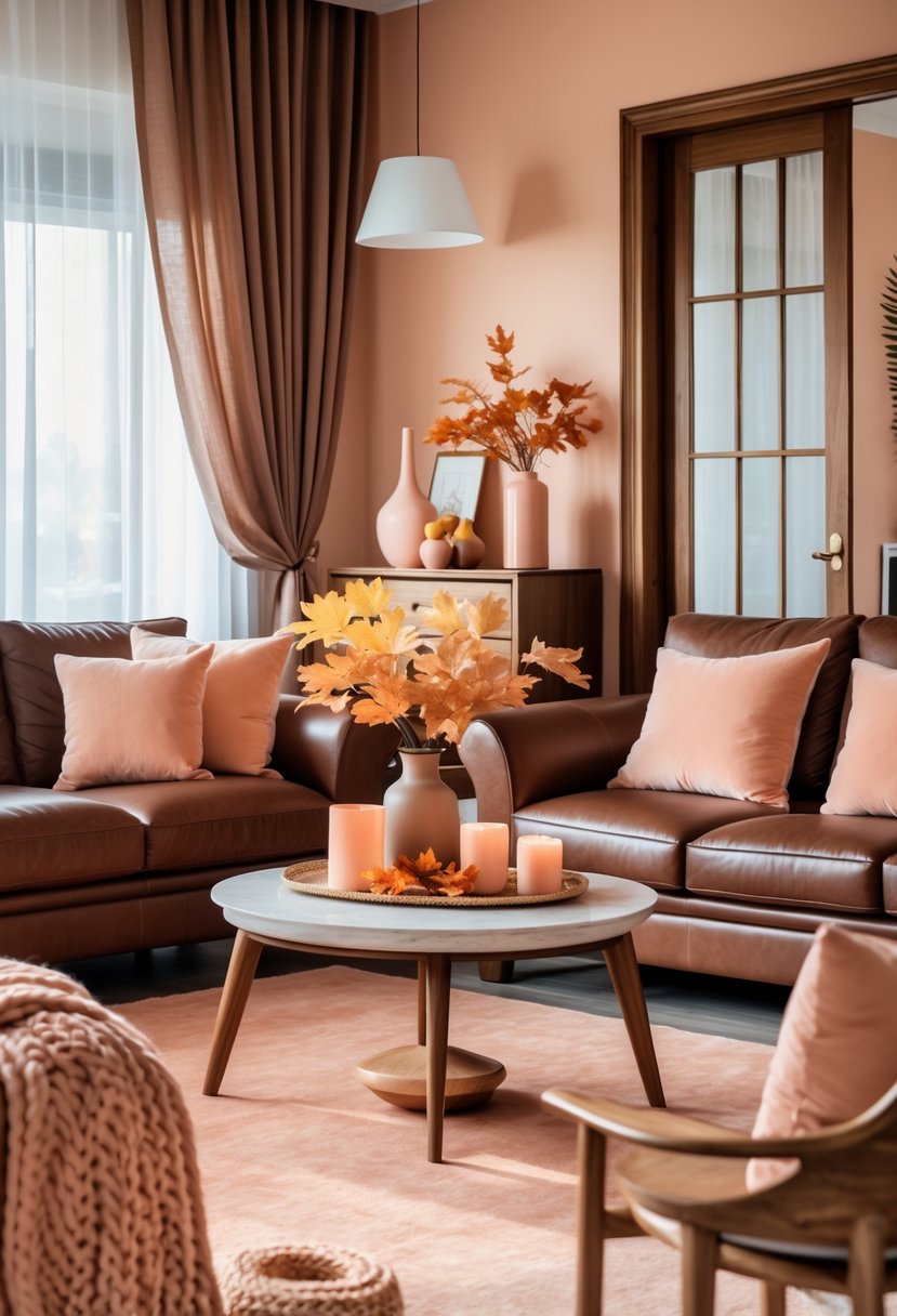 A cozy living room with brown leather sofas, peach pillows, a peach rug, wooden furniture, and autumn-themed decorations.