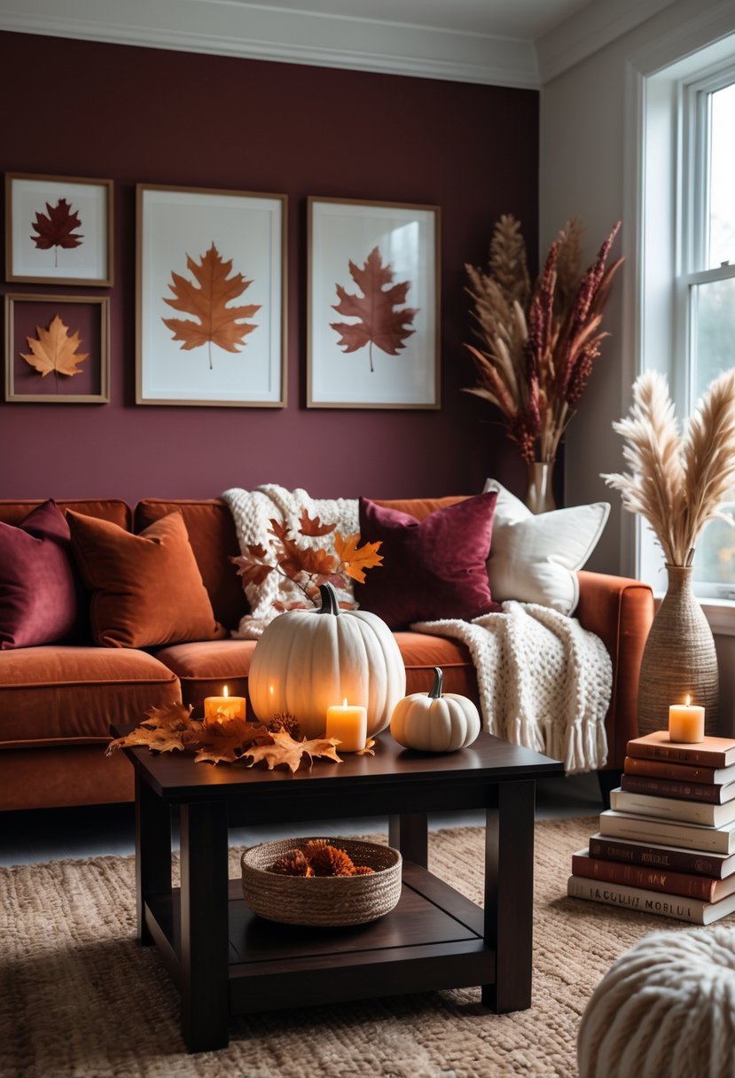 A cozy living room with a rust-colored sofa, burgundy pillows, autumn decorations on a coffee table, and a burgundy accent wall with framed artwork.