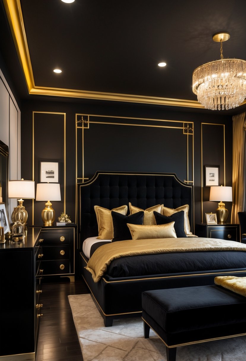 A bedroom with a black bed and gold accents, including lamps, furniture, and decor.