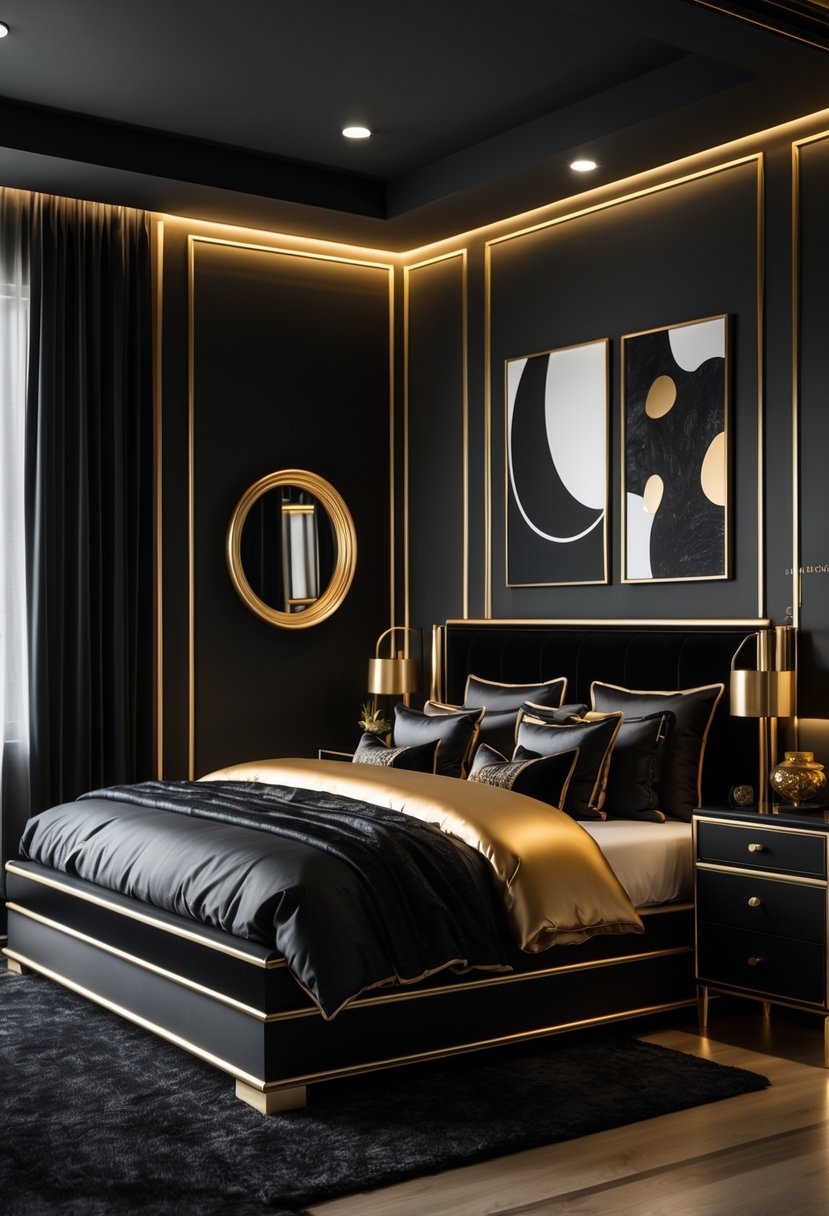 A bedroom with black walls and gold trim, featuring a bed with black and gold bedding, a nightstand with a lamp, and decorative accents.
