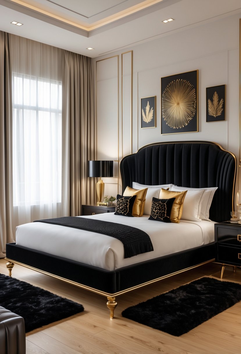 A bedroom with a black velvet bed frame with gold legs, white bedding, and black and gold decorative accents.