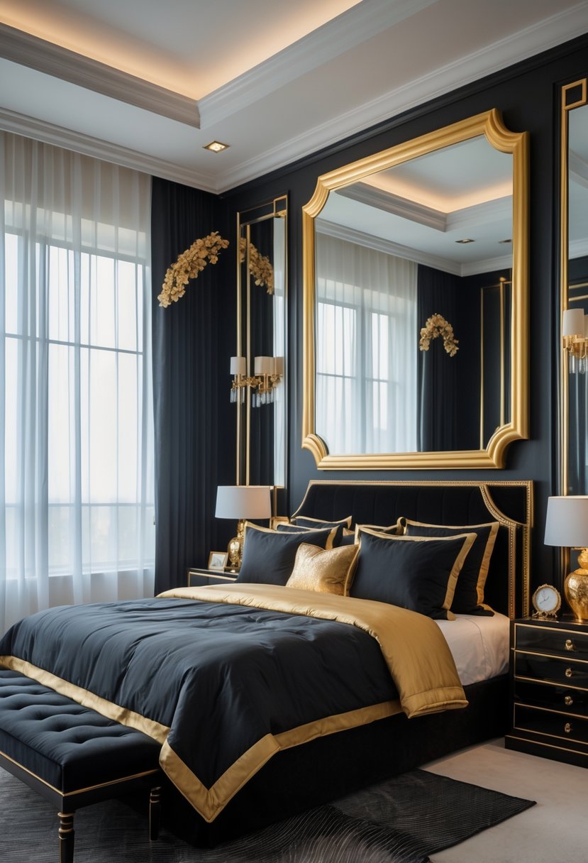 A bedroom with large gold-framed mirrors on the walls, a black bed with gold accents, and bedside lamps.