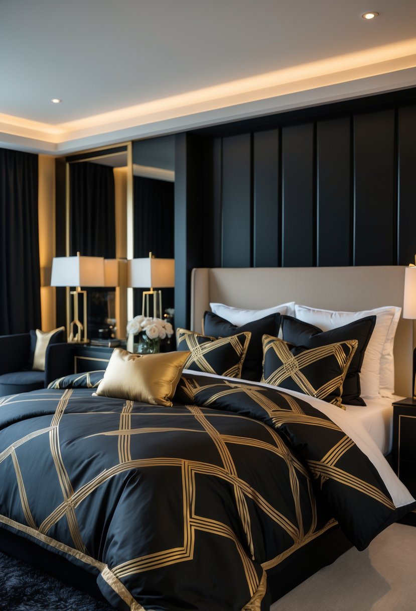 A bedroom with a bed covered in black bedding featuring gold geometric patterns, surrounded by matching black and gold decor.