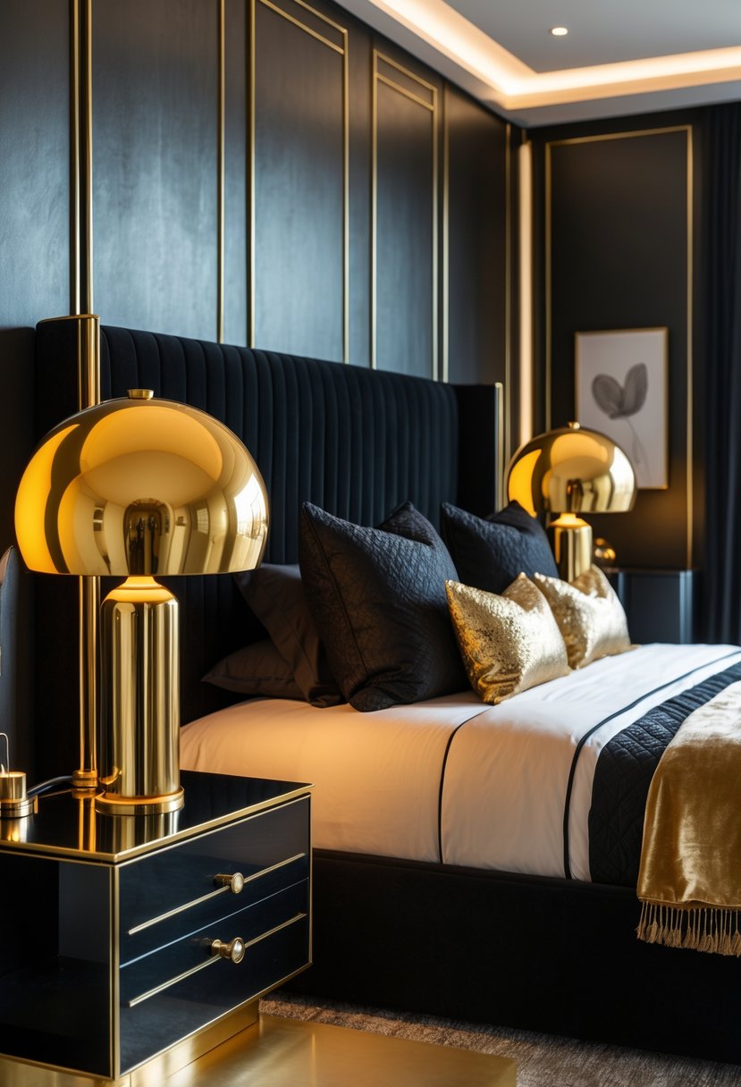 A bedroom with gold metallic bedside lamps on either side of a black and gold bed.