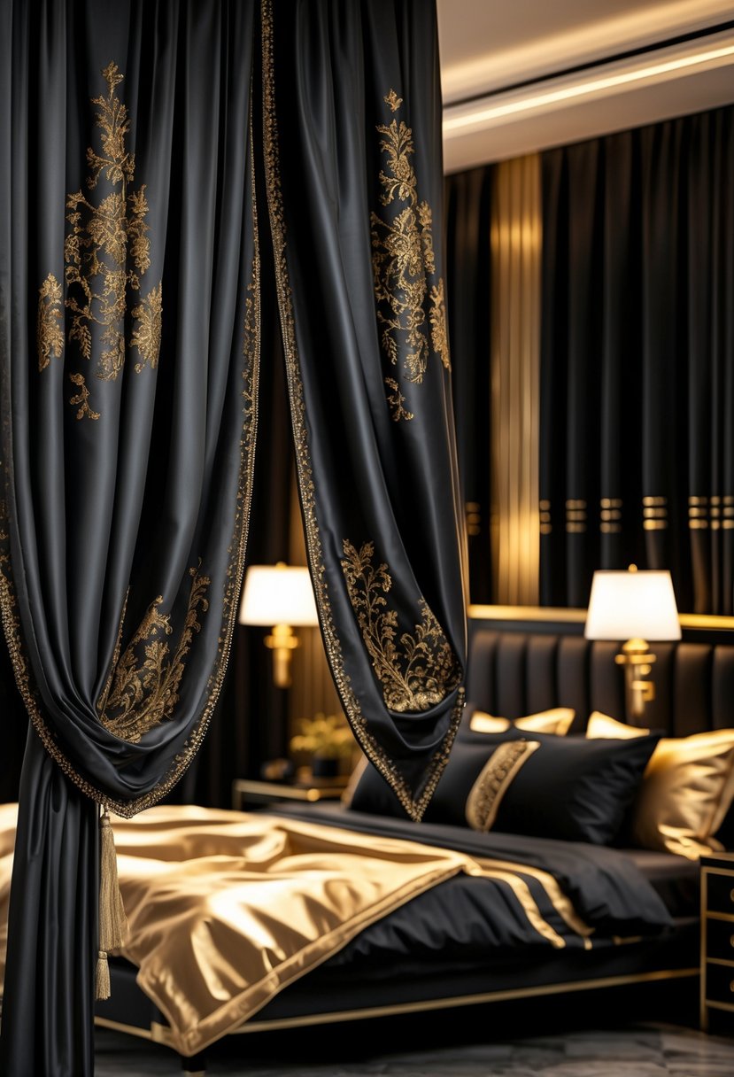 A bedroom with black curtains embroidered with gold, a bed with black and gold bedding, and bedside lamps with golden accents.