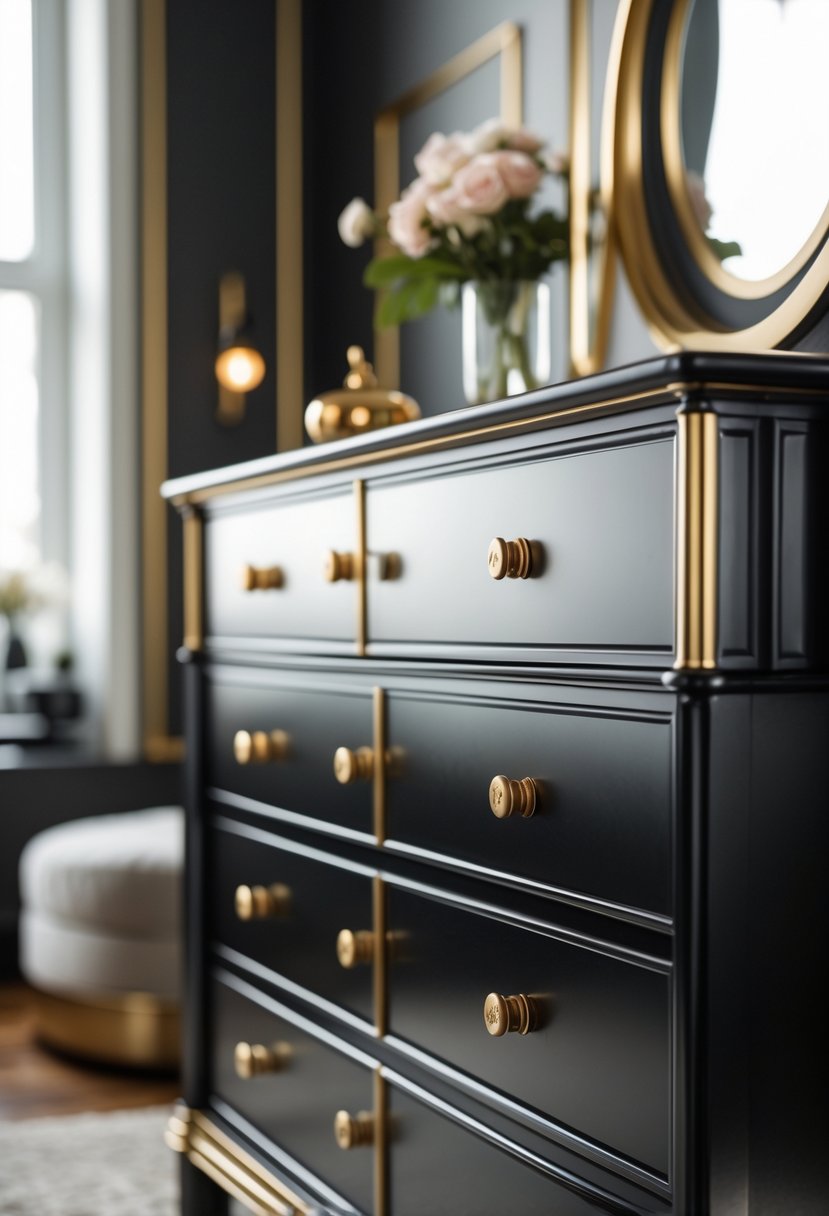Black dresser with gold handles in a bedroom with warm lighting and decorative accents.