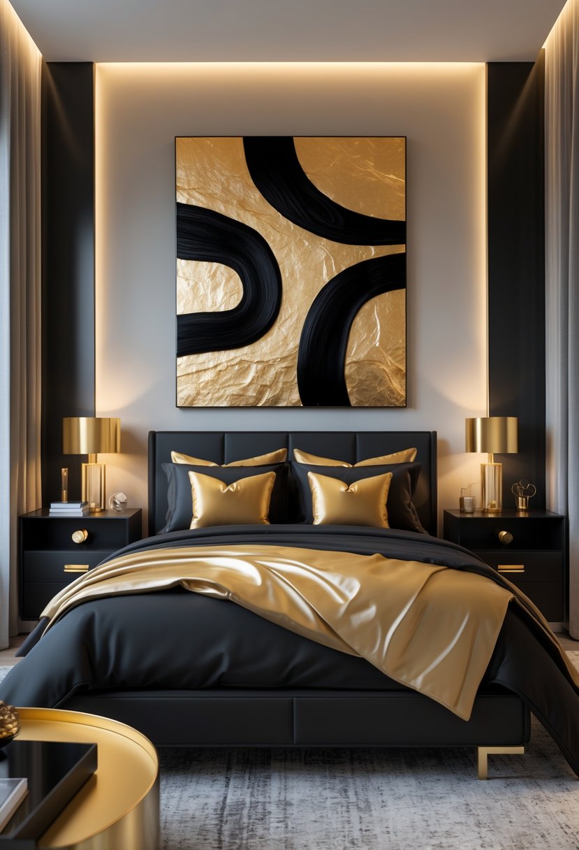 A bedroom with black and gold abstract wall art above a bed, featuring black and gold bedding and matching bedside tables with lamps.