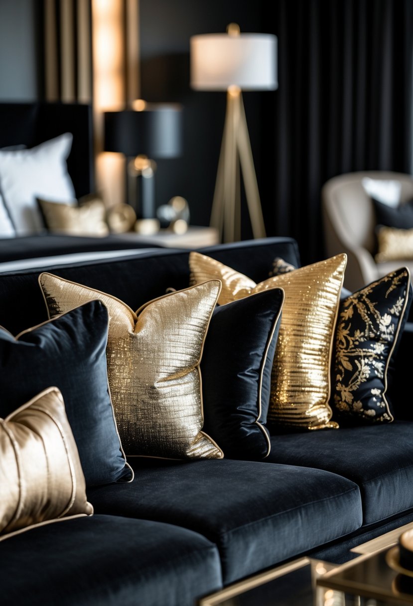 Black sofa with several gold decorative throw pillows in a bedroom setting.