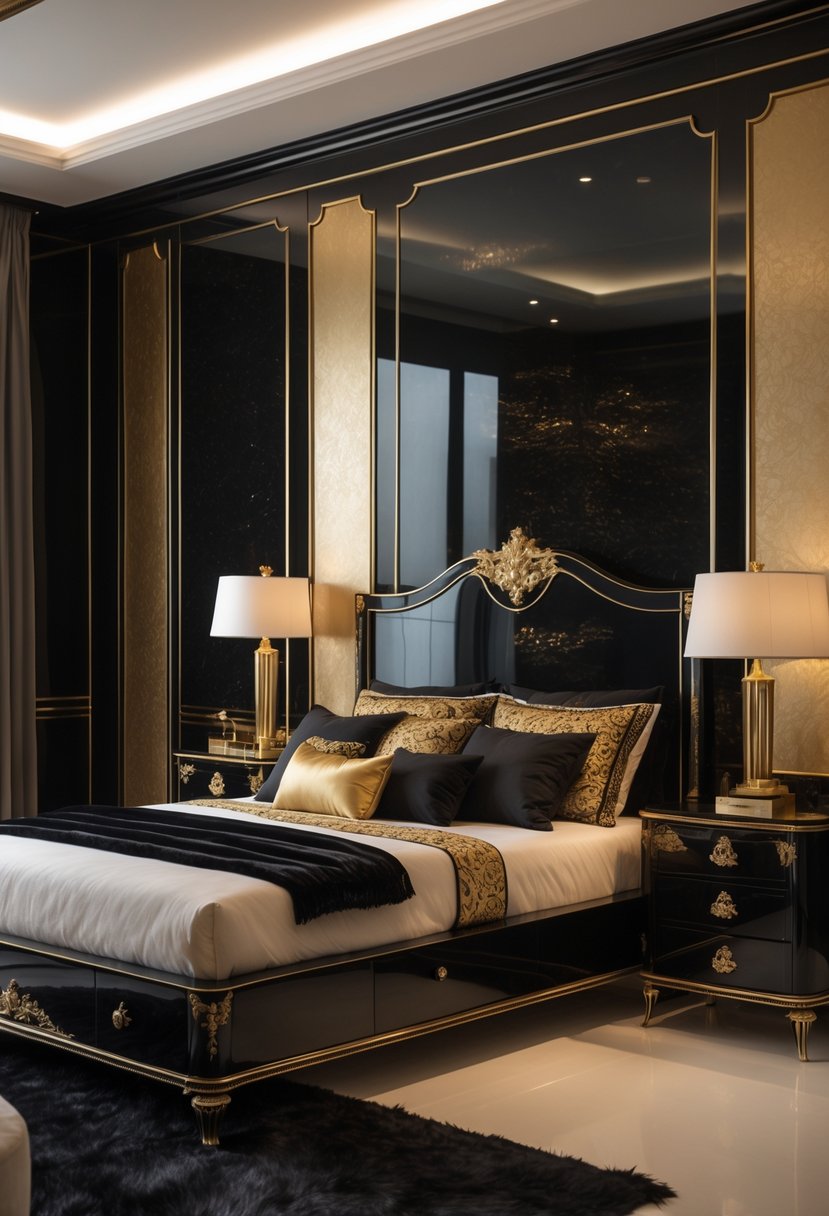 A bedroom with black lacquer furniture featuring gold inlays, including a bed and bedside tables, with matching bedding and decorative accents.