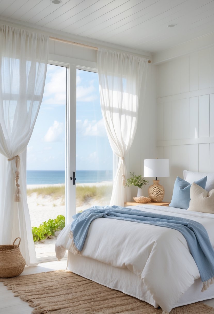 A bright bedroom with a large bed, white curtains, wooden floors, and a view of the ocean through the windows.