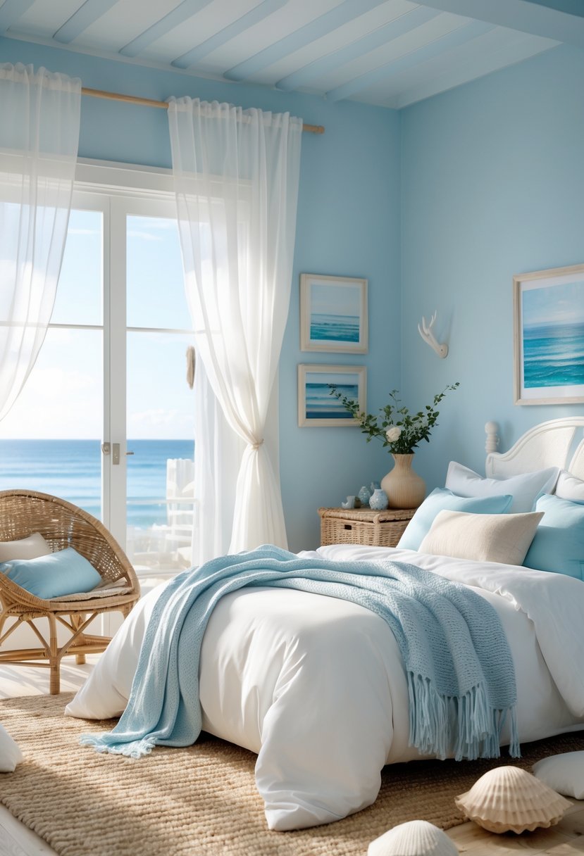 A bright bedroom with soft blue walls, a neatly made bed with white and blue bedding, natural wood furniture, and large windows letting in sunlight.