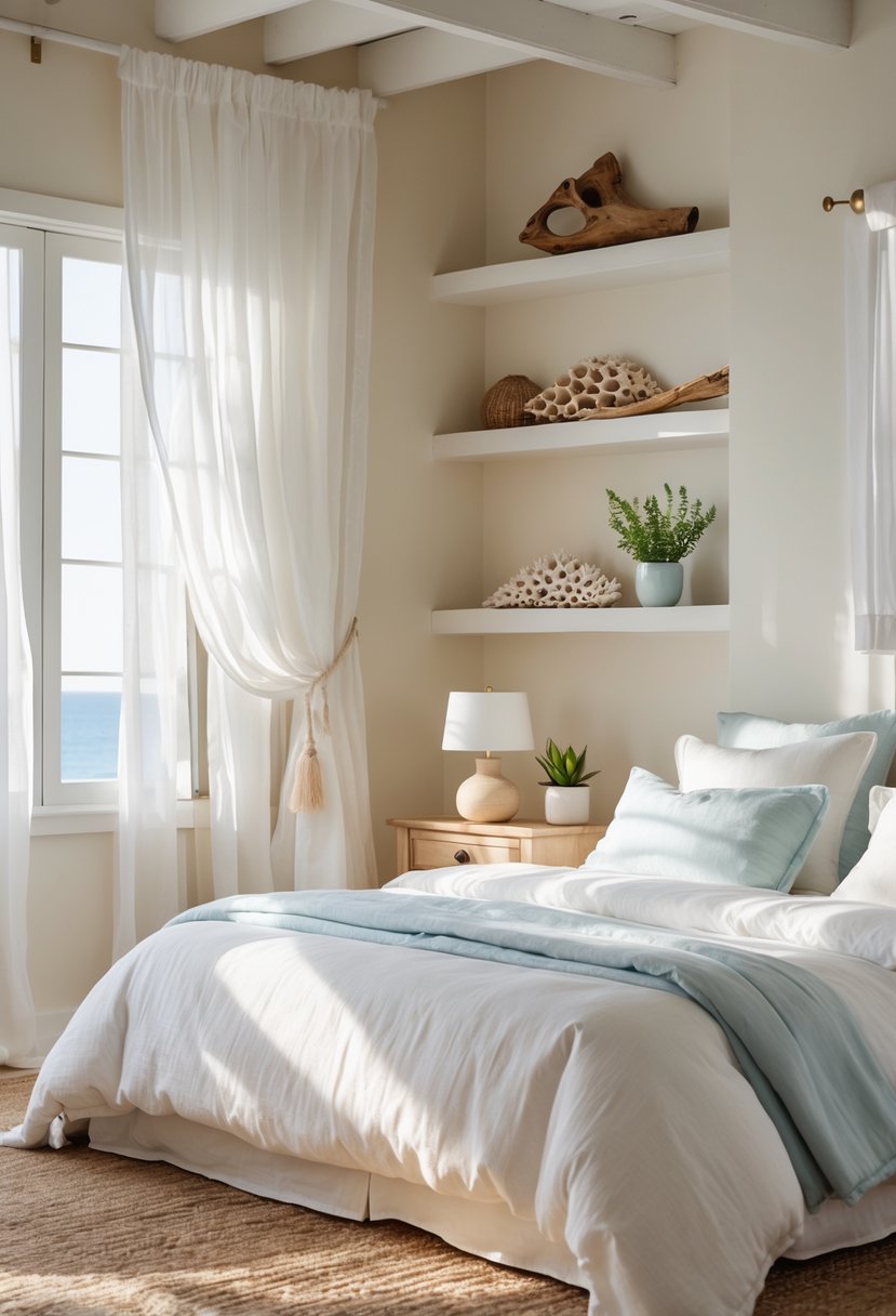 A bright bedroom with a bed covered in white linen bedding, a woven jute rug on the floor, and sunlight coming through sheer curtains.