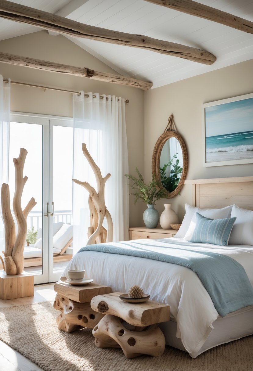 A bright coastal bedroom with a large bed, white and blue linens, driftwood decor pieces, natural sunlight, and light wooden flooring.