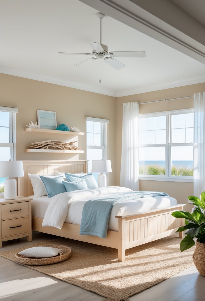 A bright bedroom with light wood furniture, white bedding, blue pillows, natural sunlight, and coastal decorative accents.