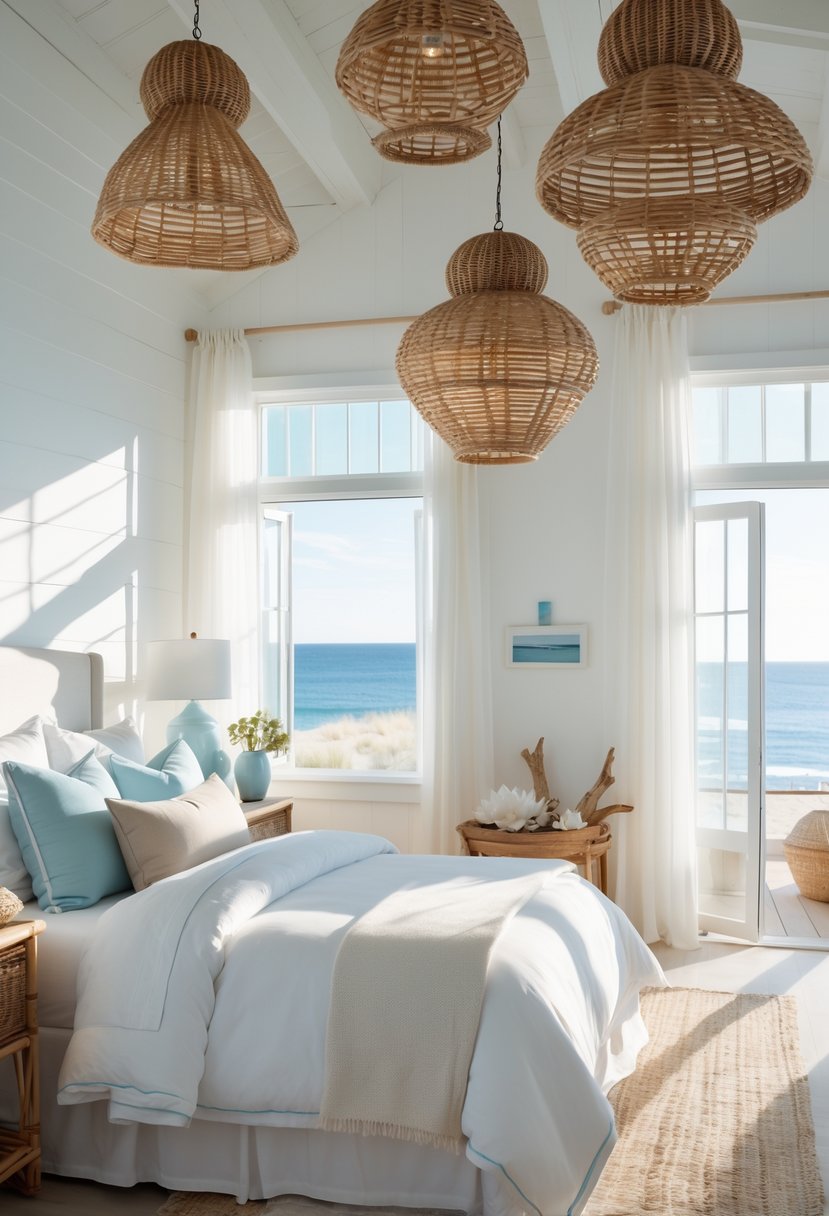 A bright coastal bedroom with a neatly made bed and woven wicker pendant lights hanging from the ceiling.