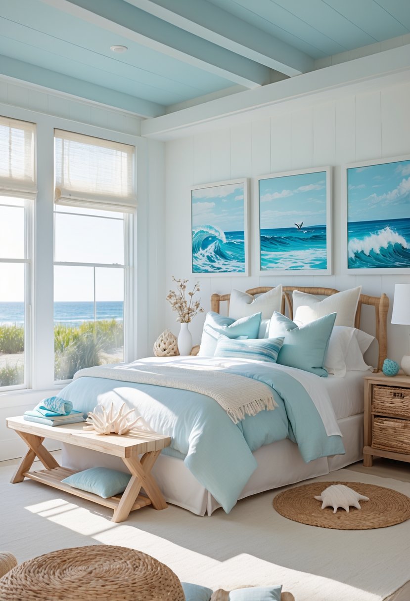 Coastal bedroom with ocean-themed artwork, light blue and white bedding, natural wood furniture, and sunlight streaming through large windows.
