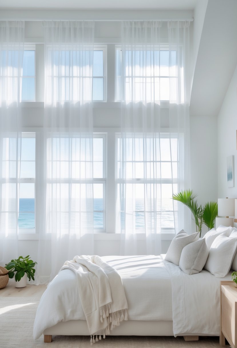 A bright coastal bedroom with sheer white curtains allowing natural light to fill the room, featuring a neatly made bed and light wood furniture.