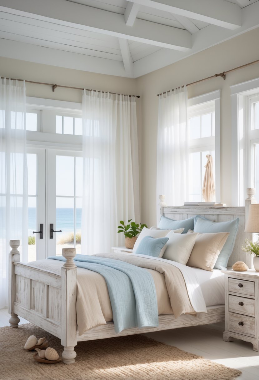 A bright bedroom with whitewashed wooden furniture, a bed with neutral bedding, a nightstand with a plant and lamp, and natural light coming through large windows.