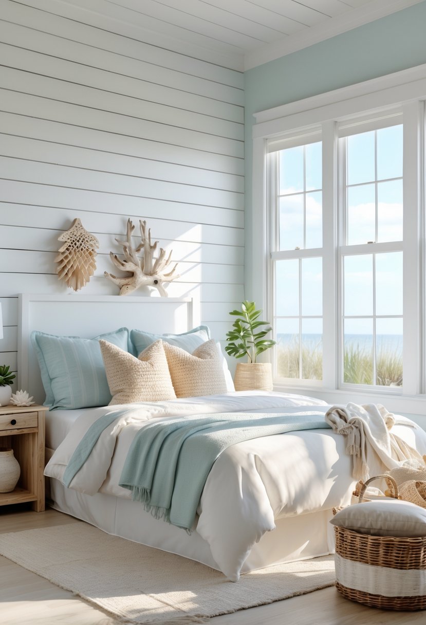 A bright bedroom with a white shiplap feature wall, a neatly made bed, and coastal decor elements.