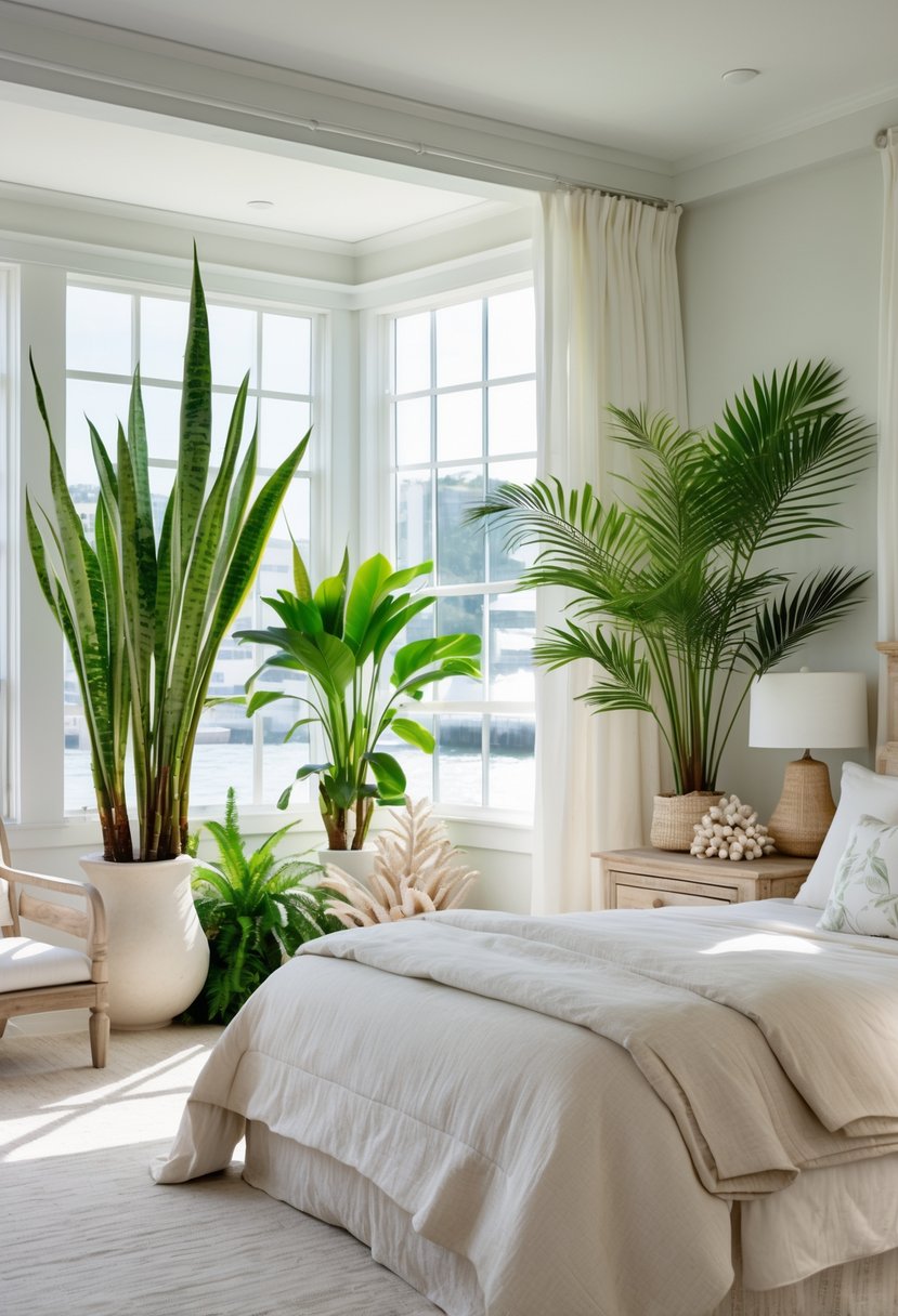 A bright bedroom with indoor snake plants and palm plants near the bed, featuring light-colored linens and coastal decor.