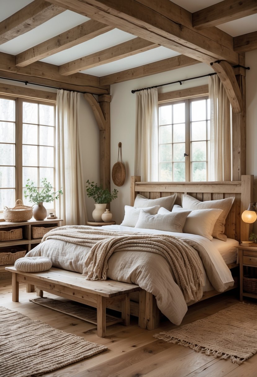A cozy bedroom with a wooden bed, exposed ceiling beams, natural light, and rustic decor items.