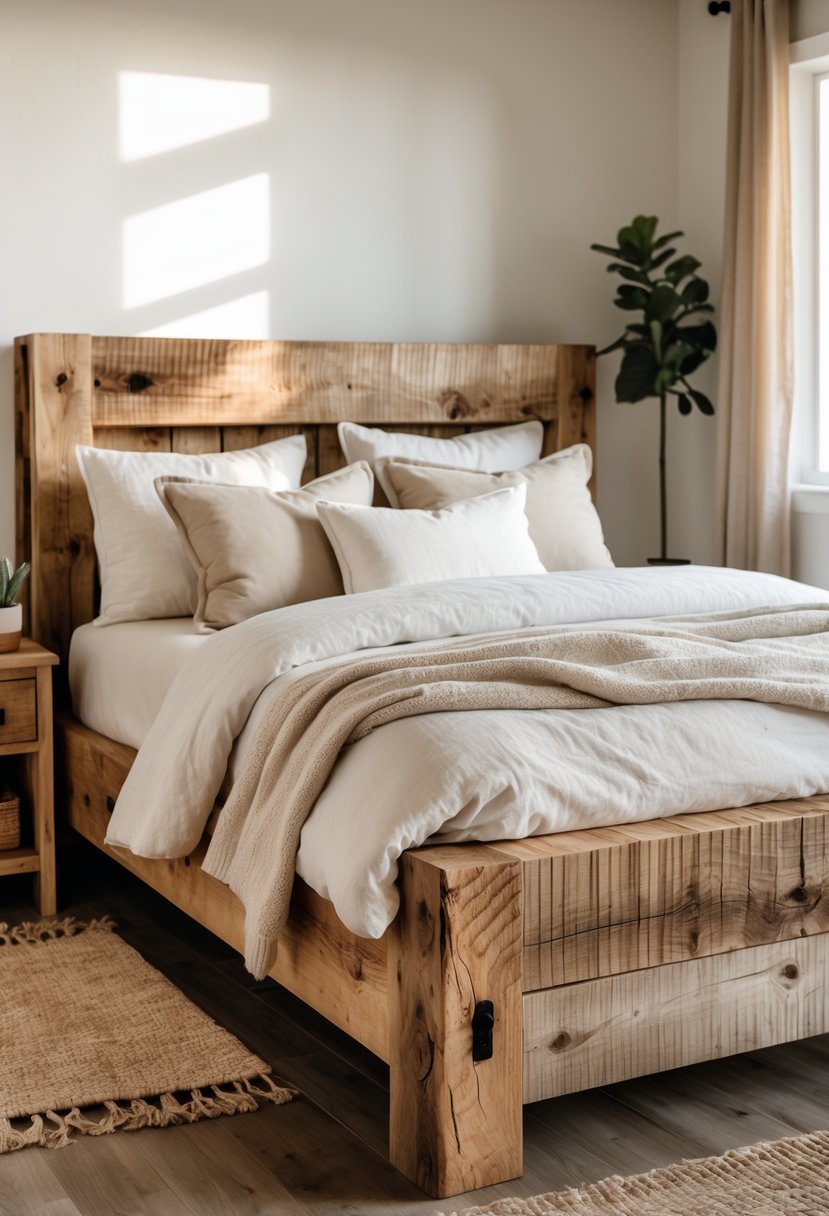A bedroom with a bed frame made of reclaimed wood, neatly made bed, natural light, and simple decor.