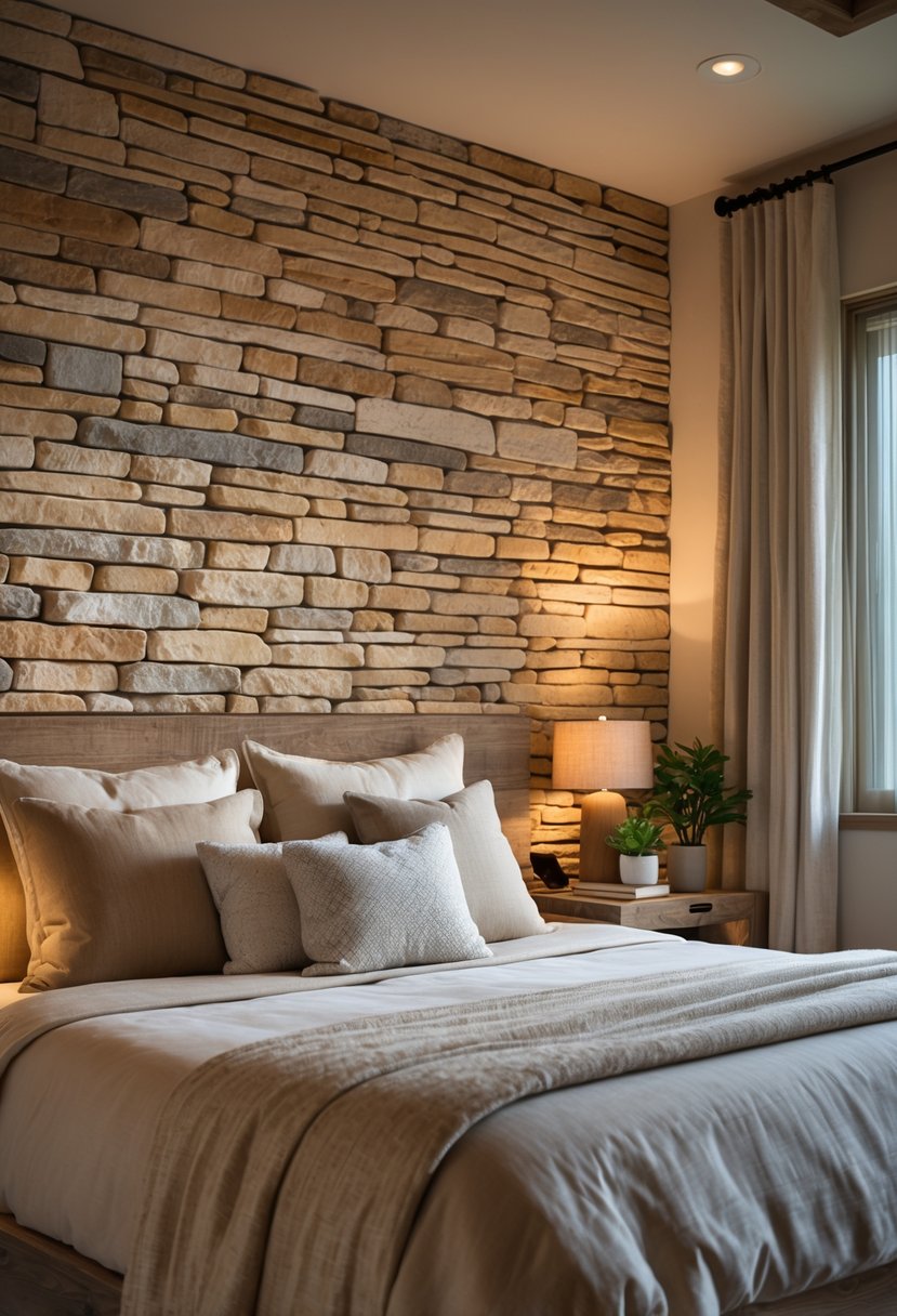 A bedroom with a large stone wall behind the bed, featuring a comfortable bed, wooden furniture, and soft lighting.