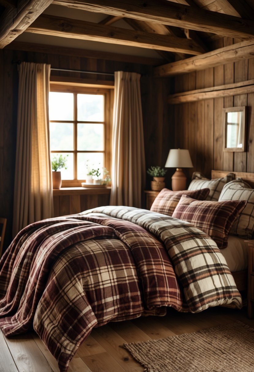 A bedroom with a bed covered in plaid blankets and pillows, wooden walls, a nightstand with a lamp, and soft natural light coming through a window.