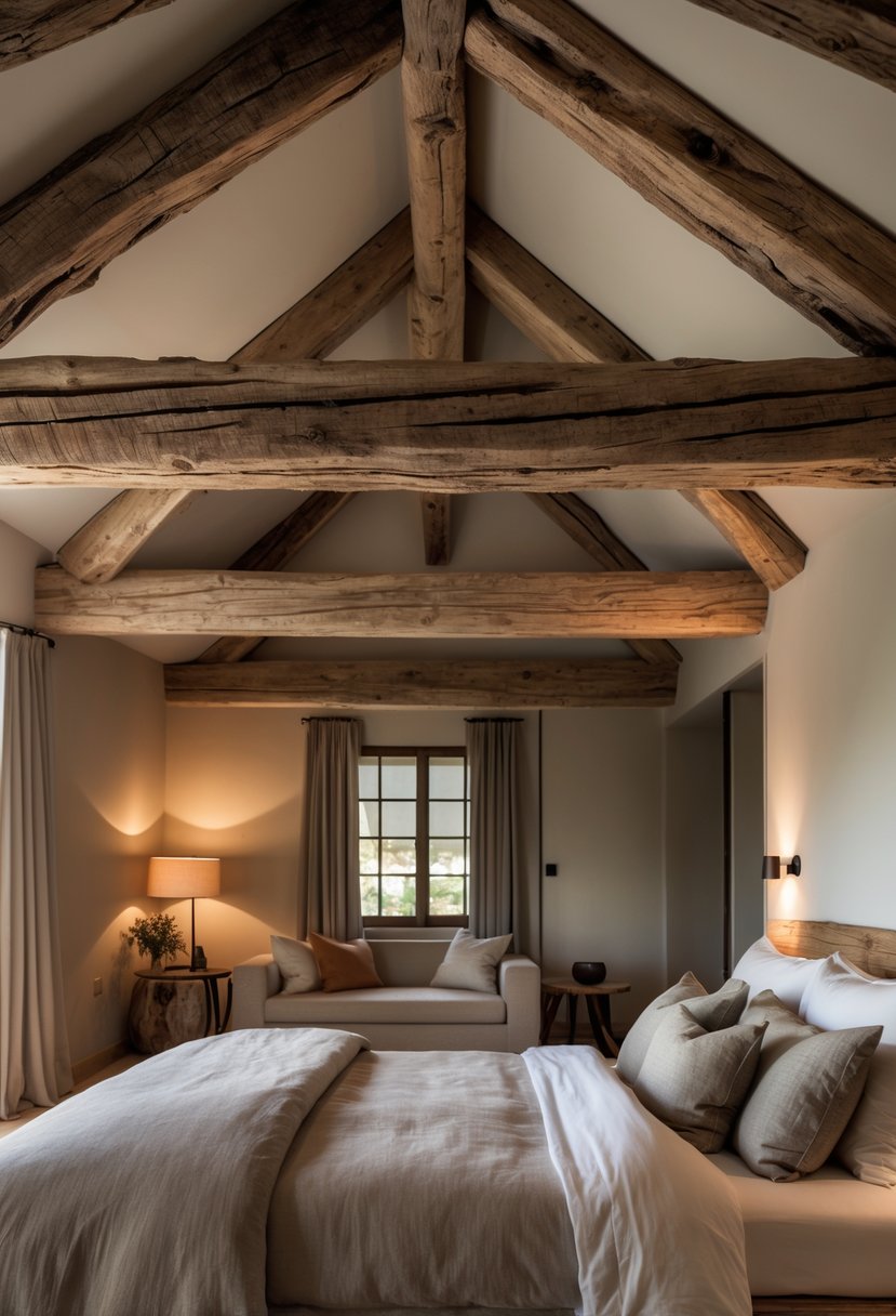 A bedroom with rough wooden ceiling beams and a neatly made bed beneath them.