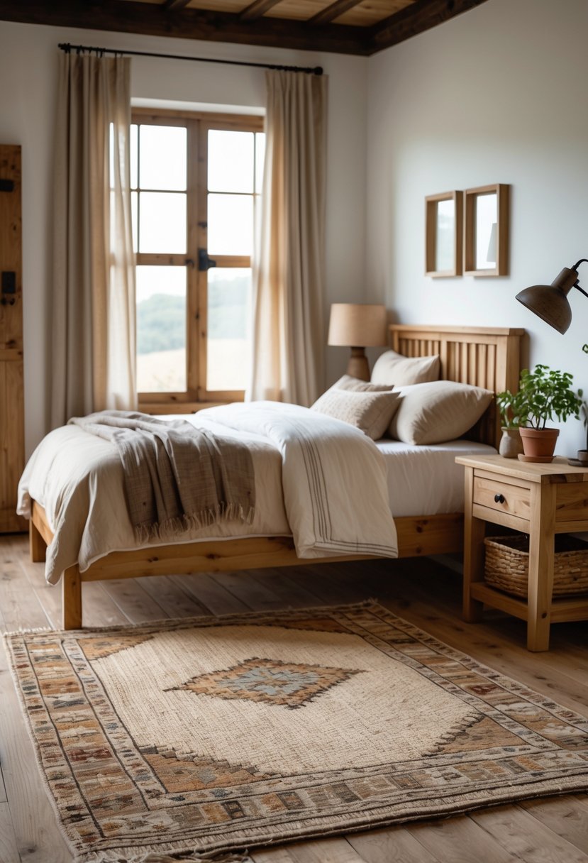 A bedroom with a wooden bed, a woven wool rug on the floor, a nightstand with a plant and lamp, and natural light coming through a window.