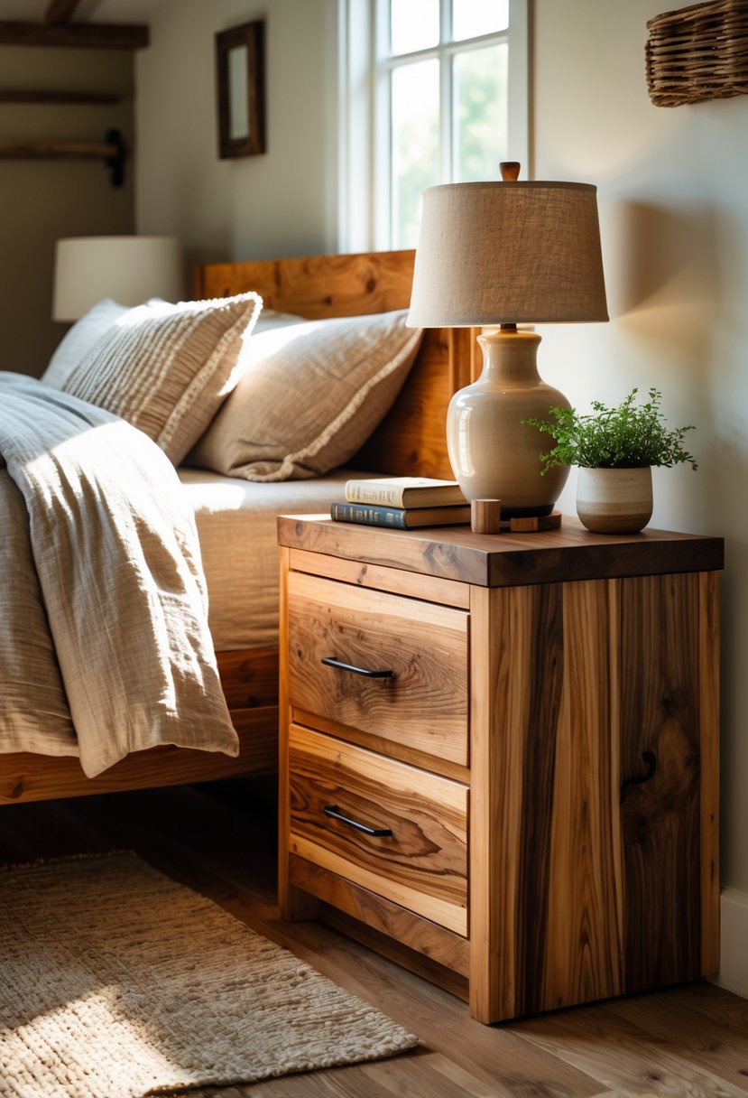 A bedroom with handcrafted wooden nightstands beside a bed, decorated with lamps, books, and plants.