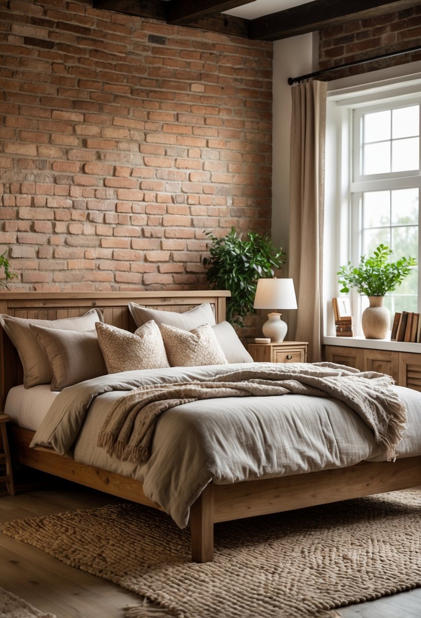 A cozy bedroom with an exposed brick wall, a wooden bed, soft linens, and warm natural light coming through a window.