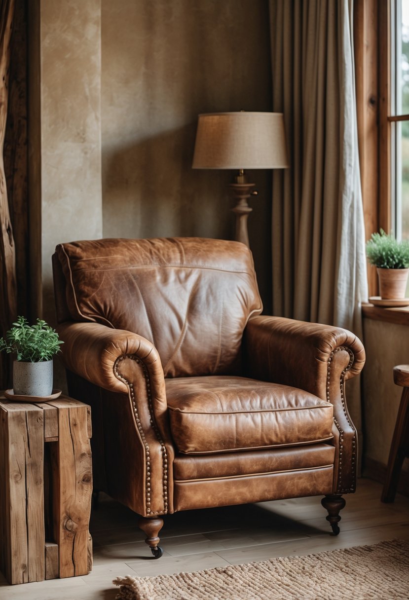 A distressed leather armchair in a bedroom with wooden furniture and soft natural light.