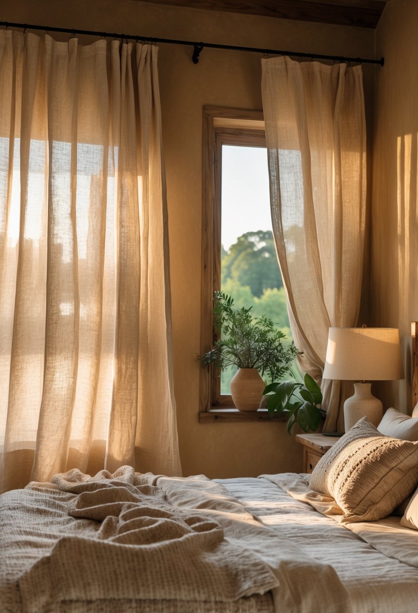 A bedroom with natural linen curtains covering a window, a wooden bed with neutral bedding, and a small nightstand with a lamp.