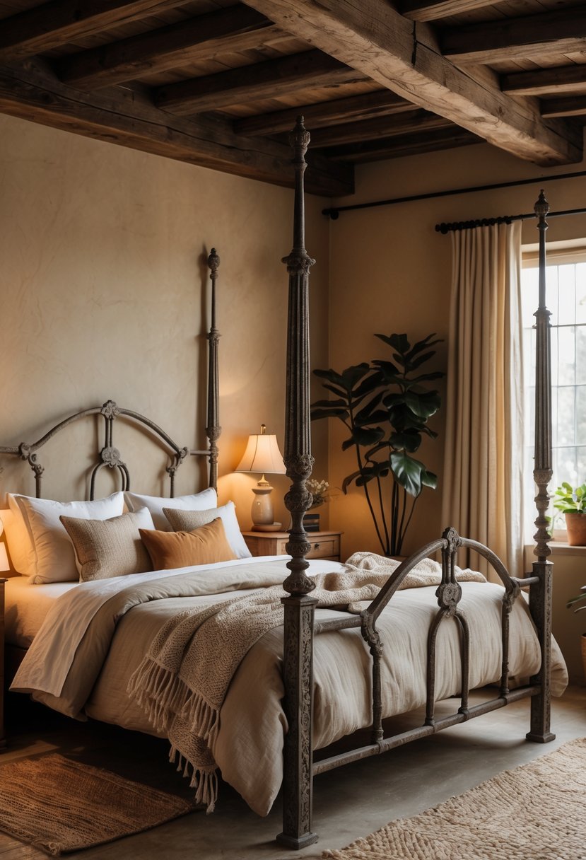 A bedroom with antique iron bedposts, wooden nightstands, warm lighting, and natural decor elements.