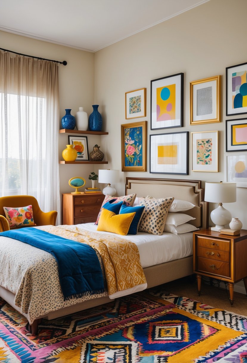 A bedroom with a bed, pillows, nightstand, lamp, colorful rug, artwork on the walls, and a chair near large windows with sheer curtains.