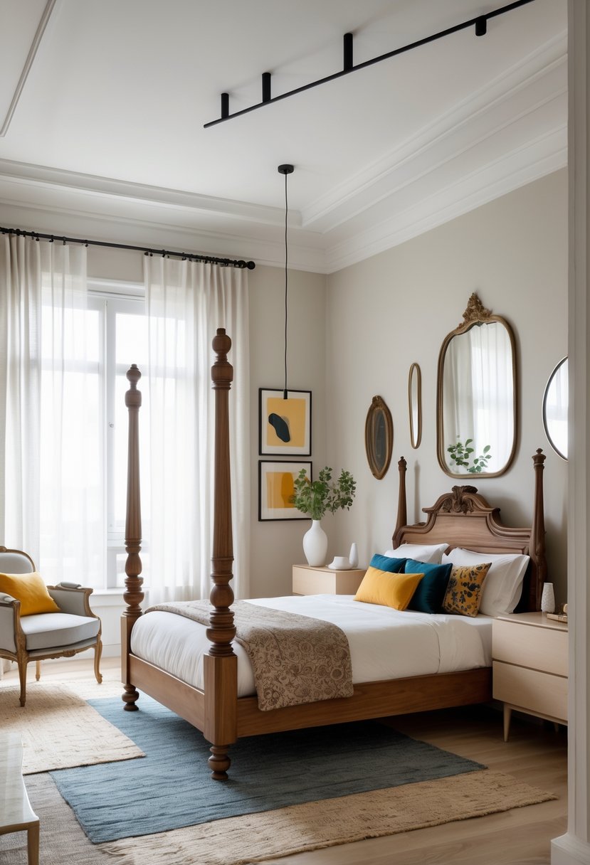 A bedroom with a wooden four-poster bed, an armchair, bedside tables, a floor lamp, framed art on the walls, and large windows with sheer curtains letting in natural light.