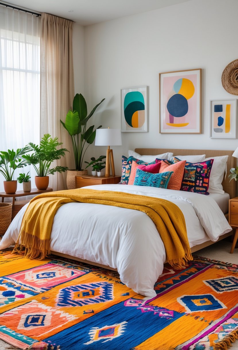 A bedroom with a bed, colorful pillows, patterned rugs on the floor, plants, and artwork on the walls.