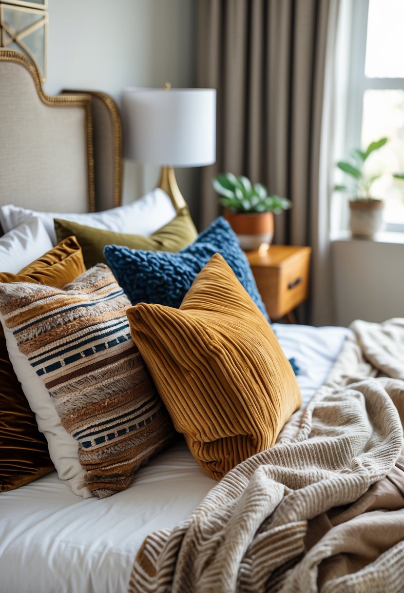 A bedroom with a bed decorated with multiple textured throw pillows arranged neatly, a headboard, a nightstand with a plant, and soft natural lighting.