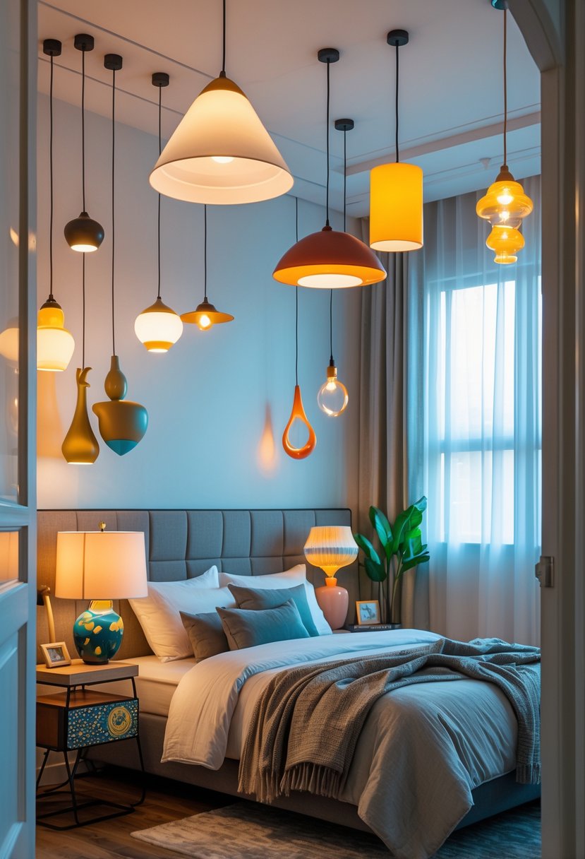 A bedroom with various pendant and table lamps providing warm light over a cozy bed and furniture.