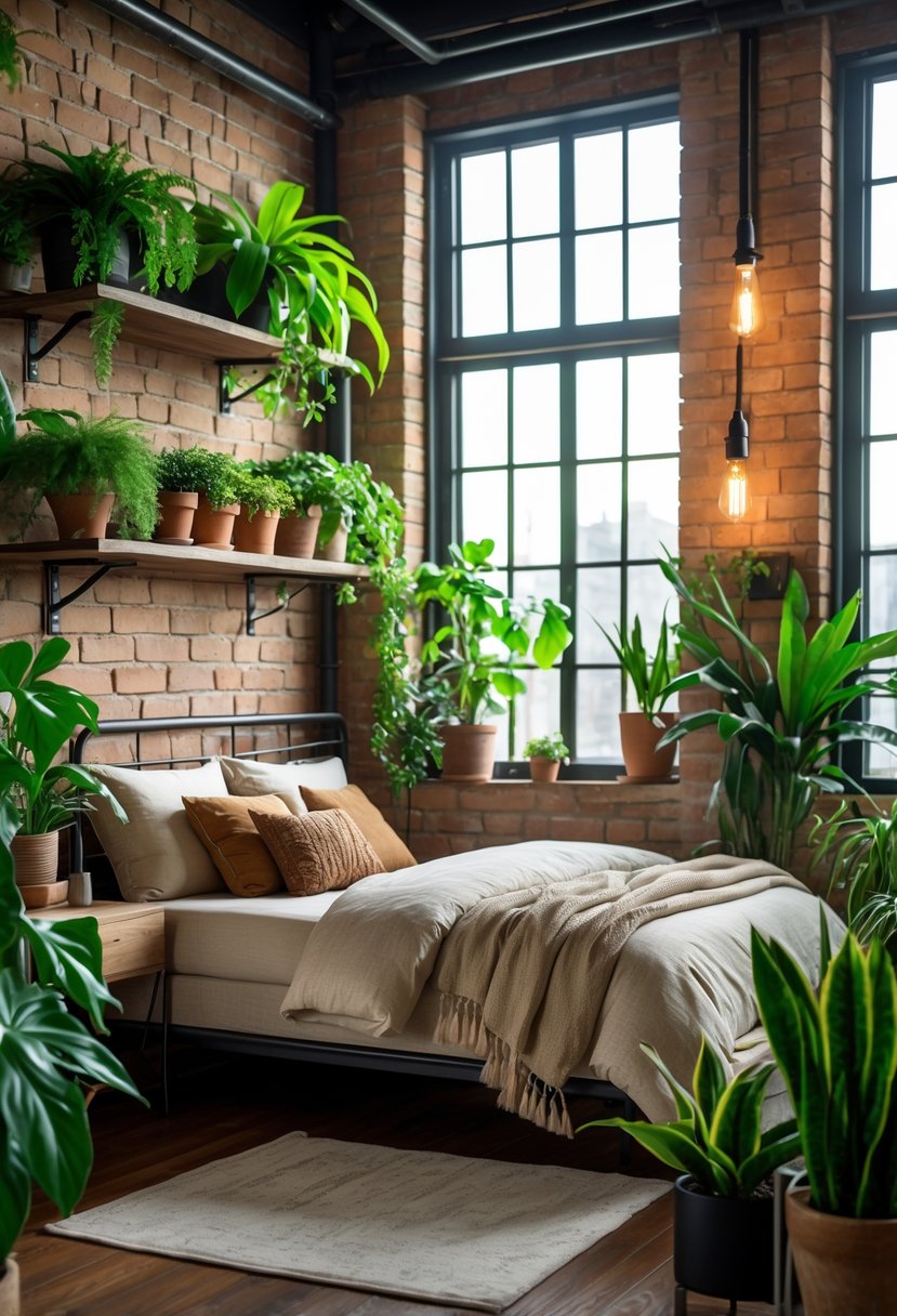 A bedroom with potted plants, a metal bed frame, exposed brick walls, and soft natural light coming through large windows.