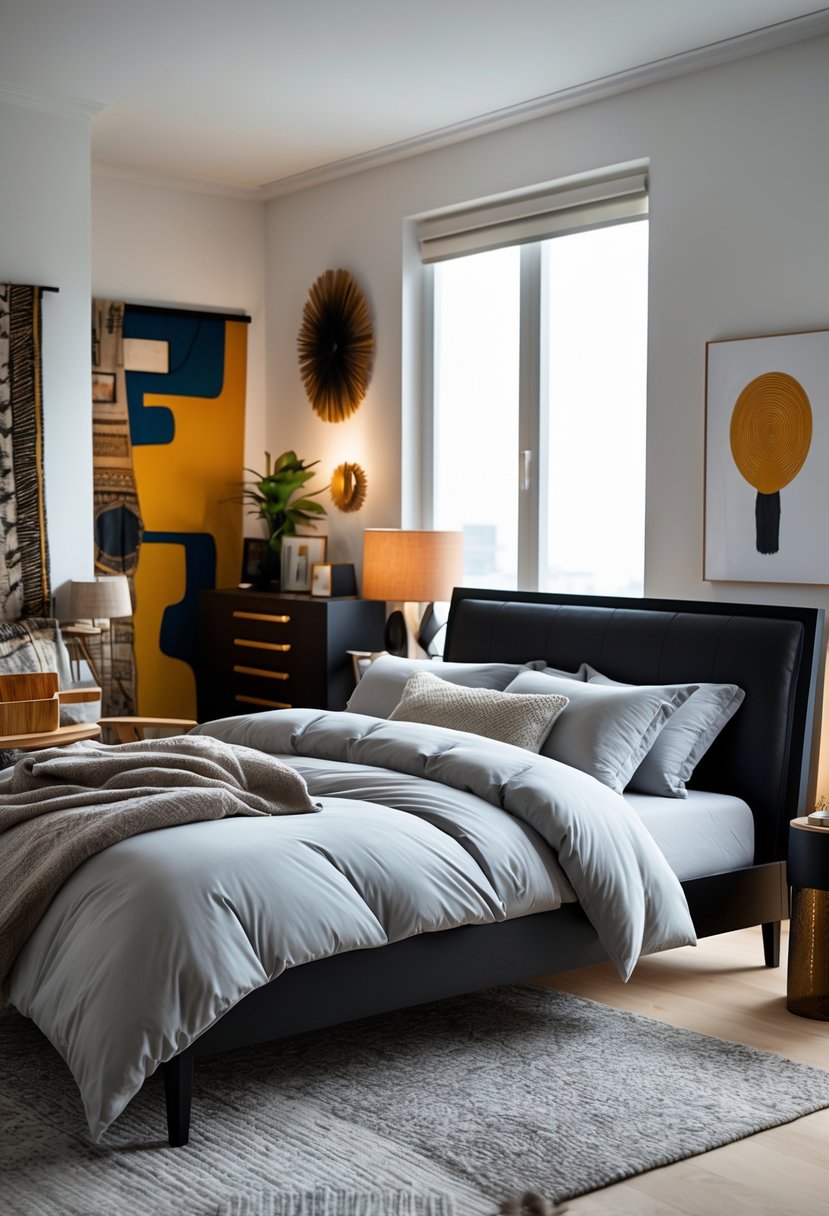 A bedroom with a black bed frame and grey bedding, illuminated by natural light, featuring various furniture and decorative items.
