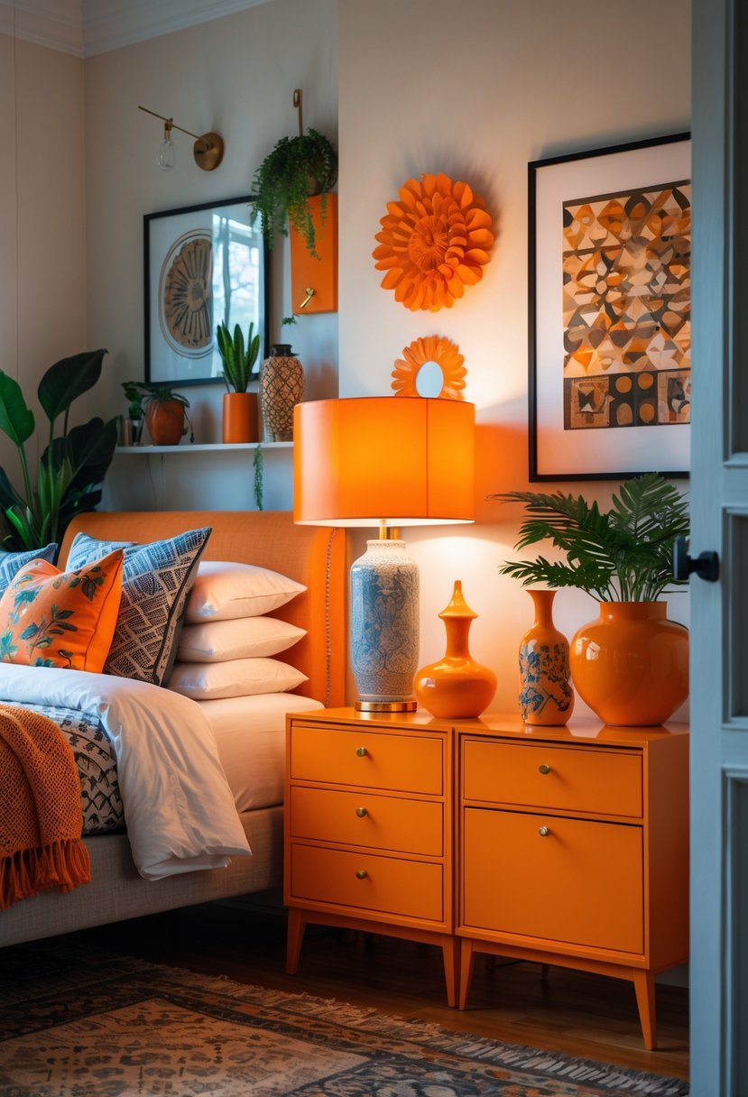 A bedroom with bold orange nightstands and decor items beside a bed with patterned pillows and a textured throw blanket.