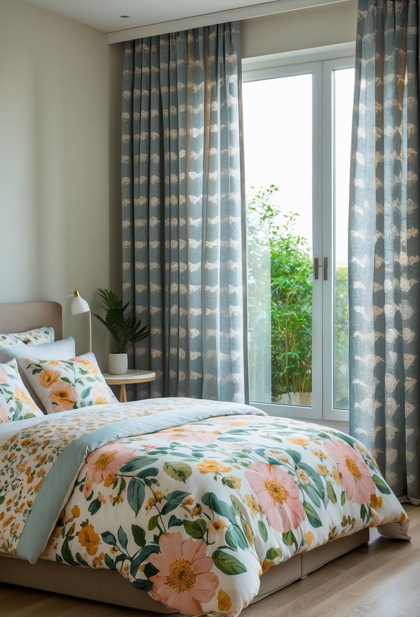 A bedroom with a bed covered in floral patterned bedding and curtains featuring geometric designs, with natural light coming through the window.