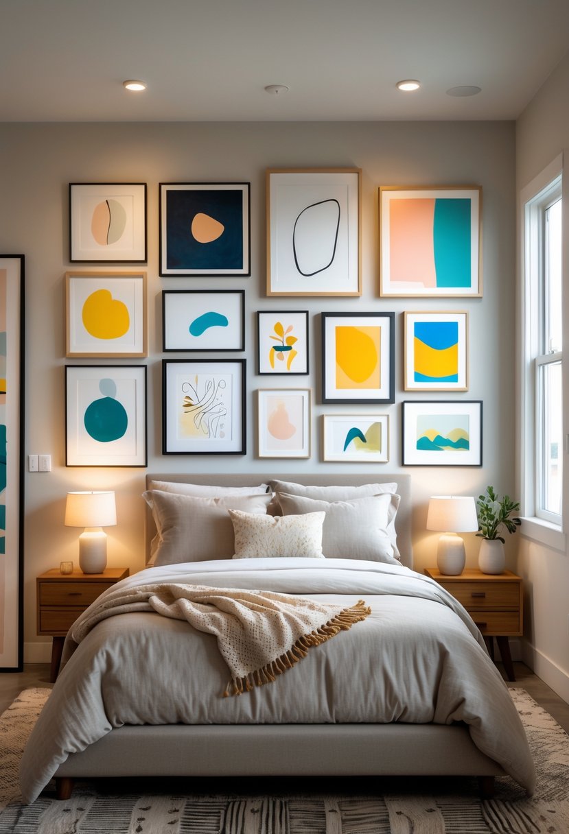 A bedroom with a bed and a wall filled with a variety of framed artworks above it.
